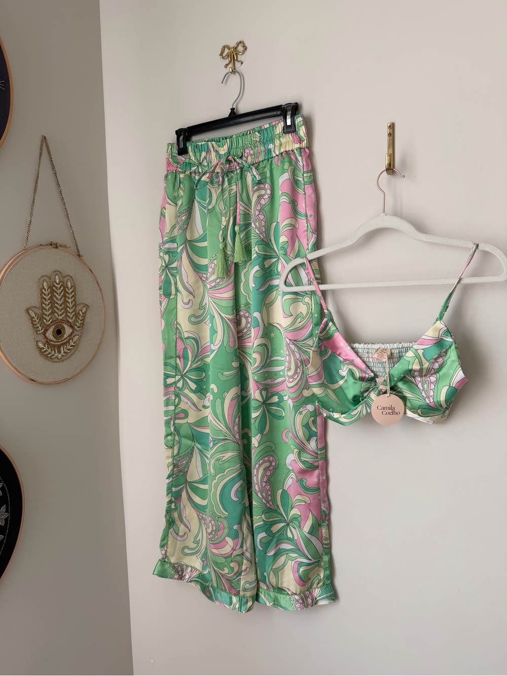 Camila Coelho Green & Pink Swirl Pucci crop top and wide leg pant Set - Picture 2 of 10